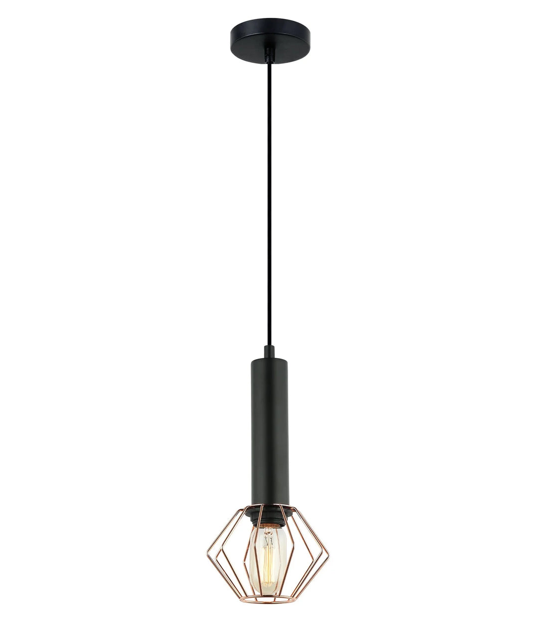 CORAZON: Interior Matte Black and Copper Cage Diamond/ Brass and Matte Black Round Cage Pendant Light