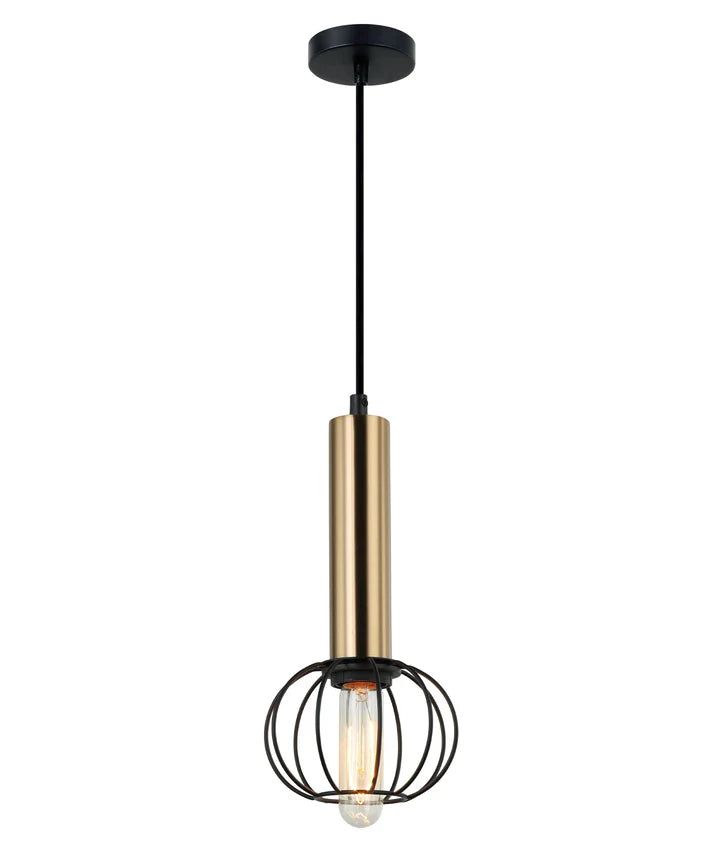 CORAZON: Interior Matte Black and Copper Cage Diamond/ Brass and Matte Black Round Cage Pendant Light