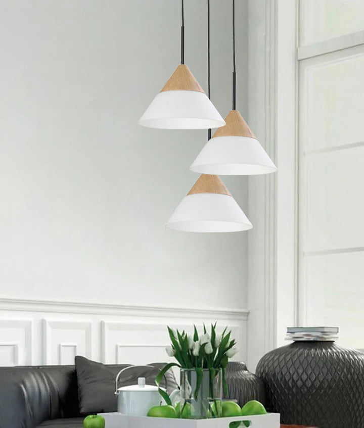 FINN: Scandinavian Blonde Wood & Opal Glass Long/Medium/wide Cone Pendant Light