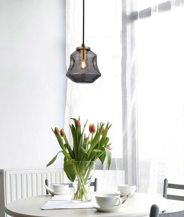 FOSSETTE: Interior Dimpled Smoked Mirror Finish Angled Bell Glass Pendant Light