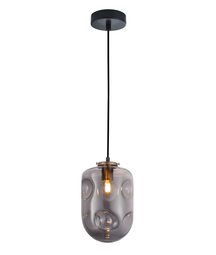 FOSSETTE: Interior Dimpled Smokey black Mirror Finish Oblong Glass Pendant Light