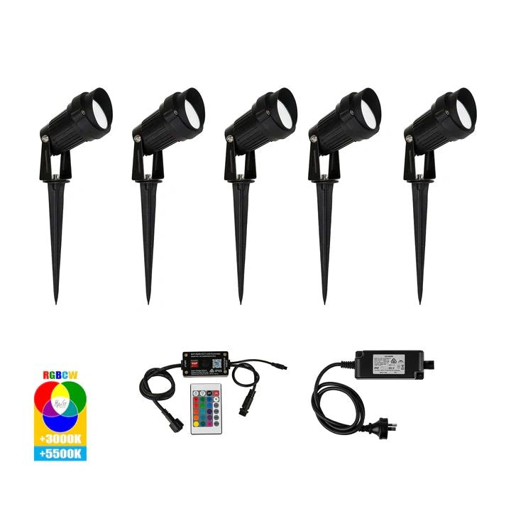 HV1428RGBW-KIT-Spitze Black 5x 3w WIFI RGBCW LED Garden Spike Light Kit