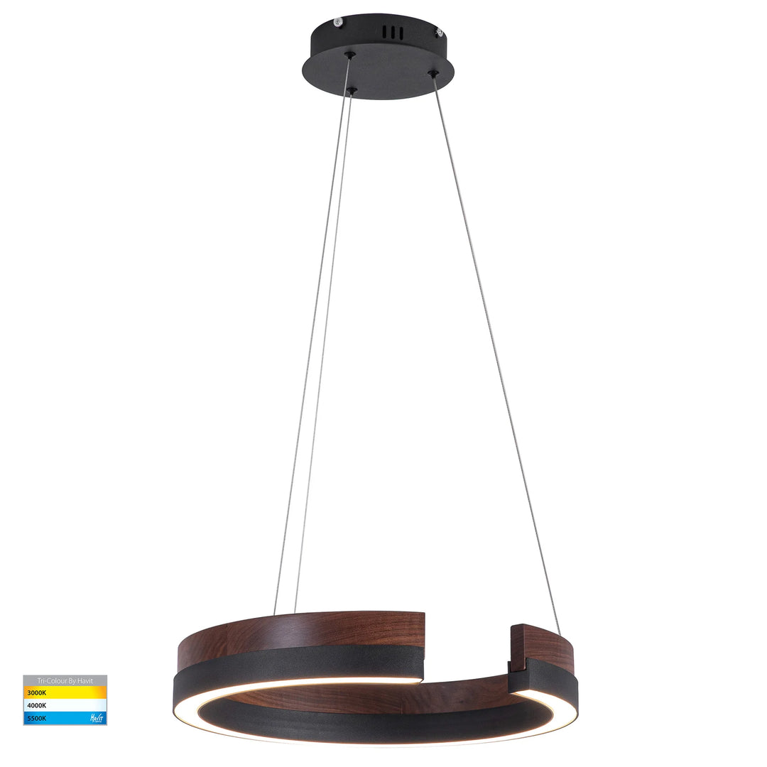 HV6094T - Orah Walnut Timber with Black Aluminium 800mm Round Pendant