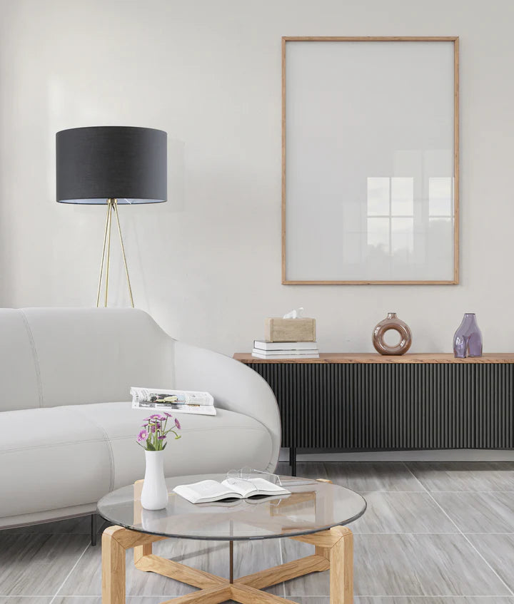 JAMBES: Drum Shade with Antique Brass Tripod Floor Lamps Floor Lamp