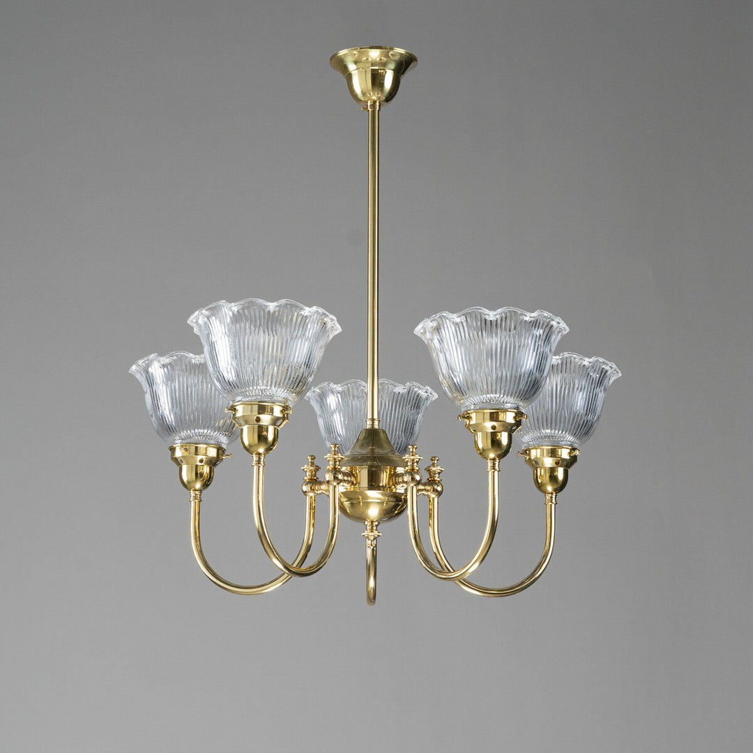 Luke 5 Light Pendant Arms Up With 8044 6" Hallophane Frost/Clear Shades