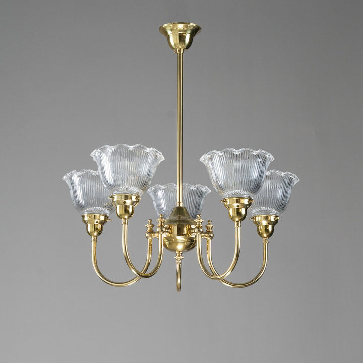 Luke 5 Light Pendant Arms Up With 8044 6" Hallophane Frost/Clear Shades