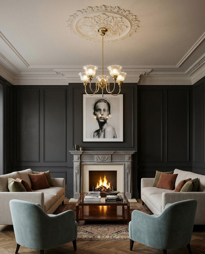 Luke 5 Light Pendant Arms Up With 8044 6" Hallophane Frost/Clear Shades
