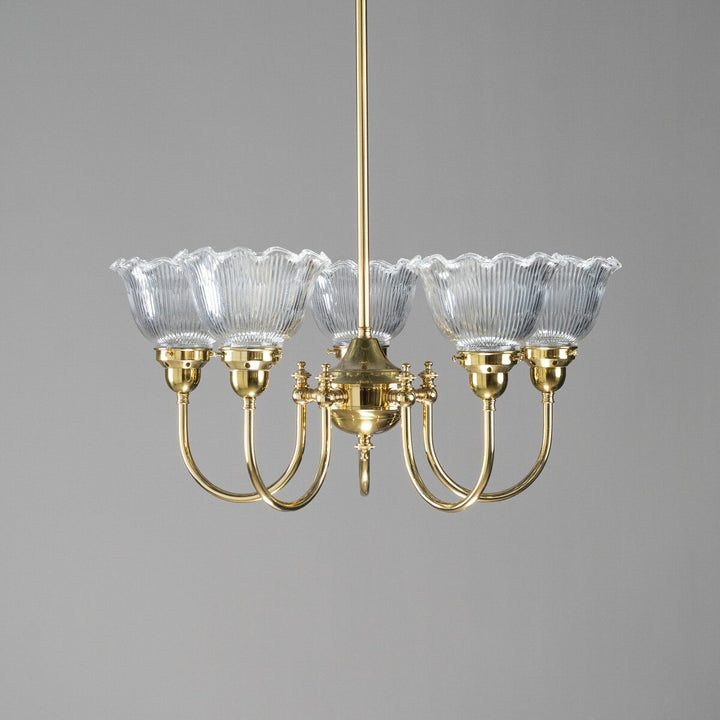 Luke 5 Light Pendant Arms Up With 8044 6" Hallophane Frost/Clear Shades