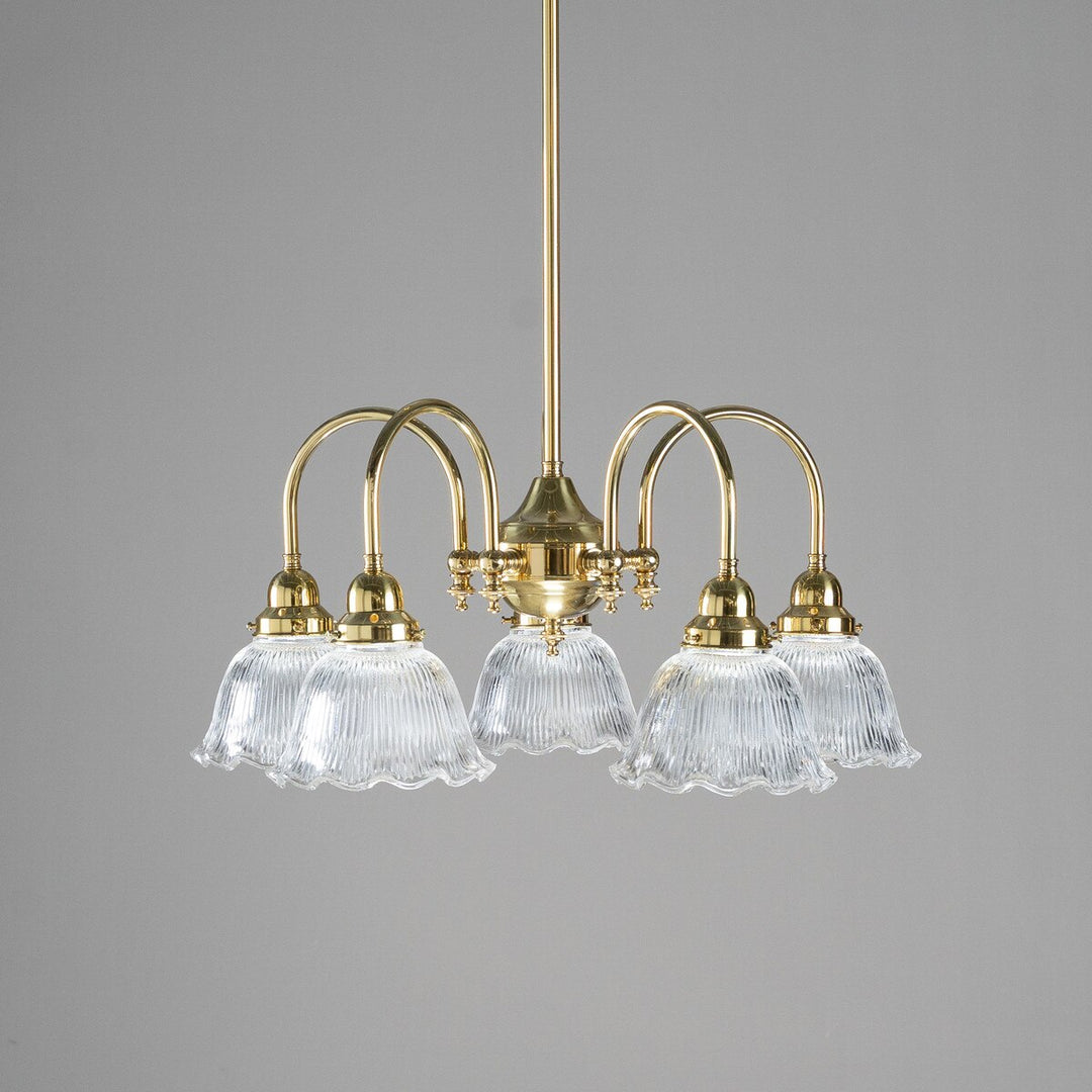 Luke 5 Light Pendant Arms Down With 8044 6" Hallophane Frost/Clear Shades