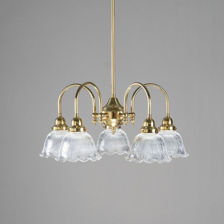 Luke 5 Light Pendant Arms Down With 8044 6" Hallophane Frost/Clear Shades