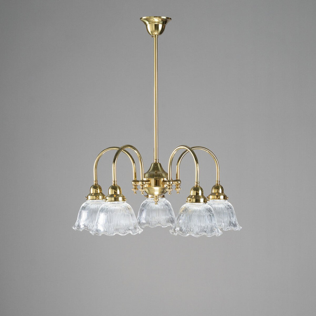 Luke 5 Light Pendant Arms Down With 8044 6" Hallophane Frost/Clear Shades