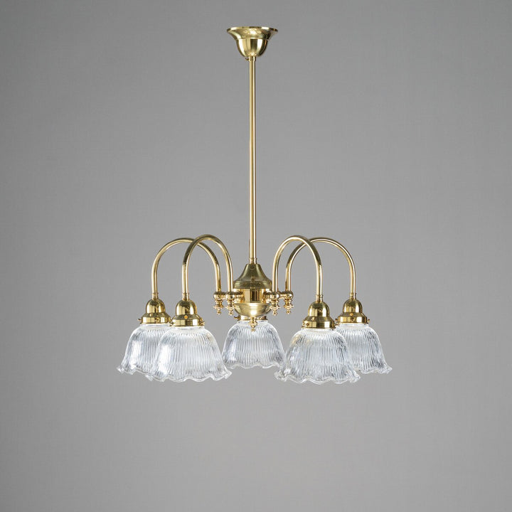 Luke 5 Light Pendant Arms Down With 8044 6" Hallophane Frost/Clear Shades