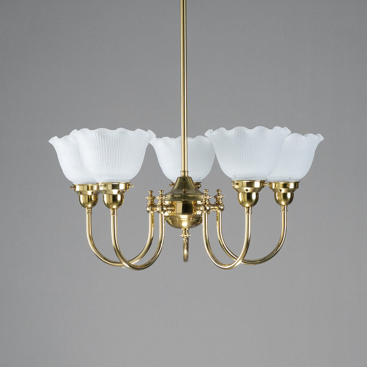 Luke 5 Light Pendant Arms Up With 8044 6" Hallophane Frost/Clear Shades