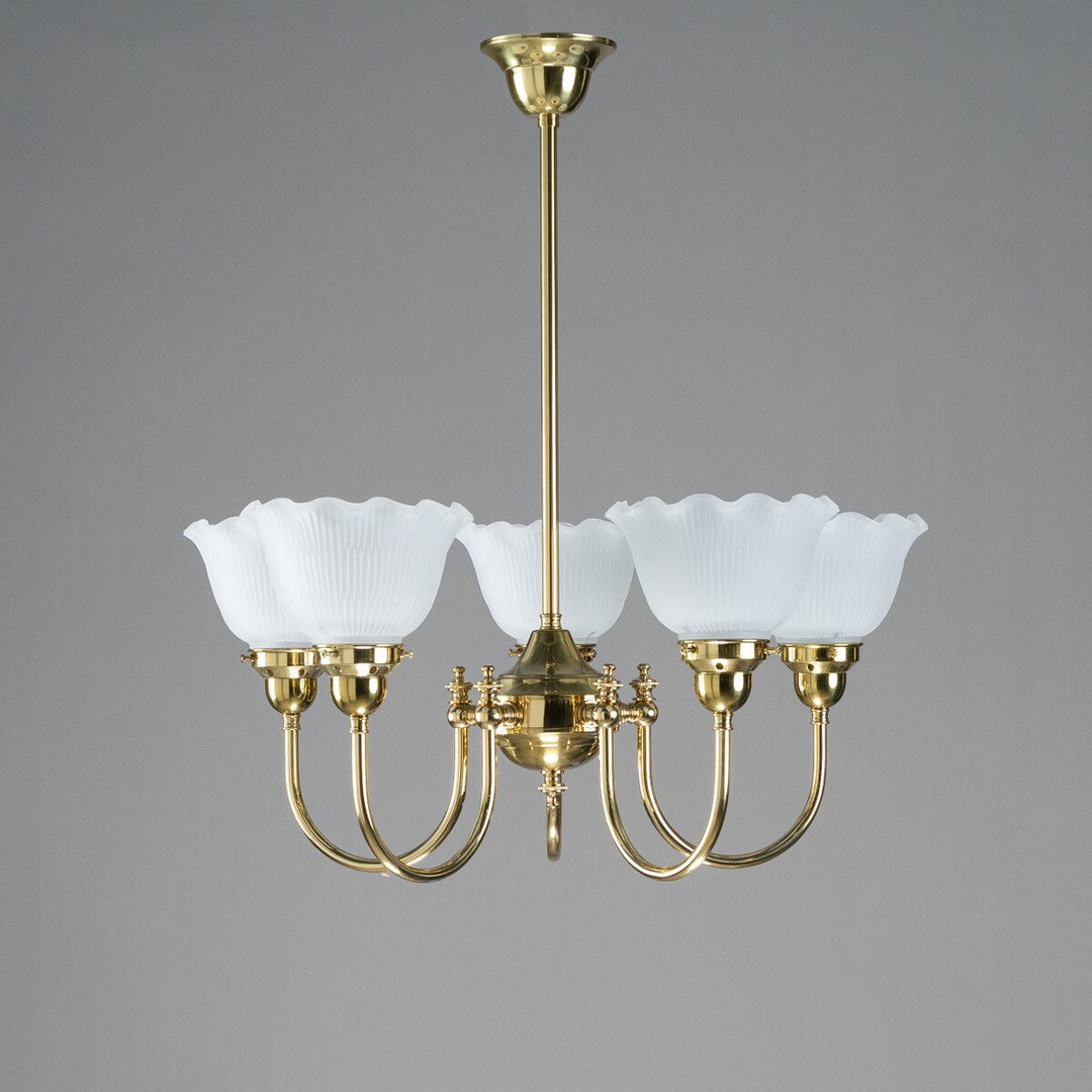 Luke 5 Light Pendant Arms Up With 8044 6" Hallophane Frost/Clear Shades