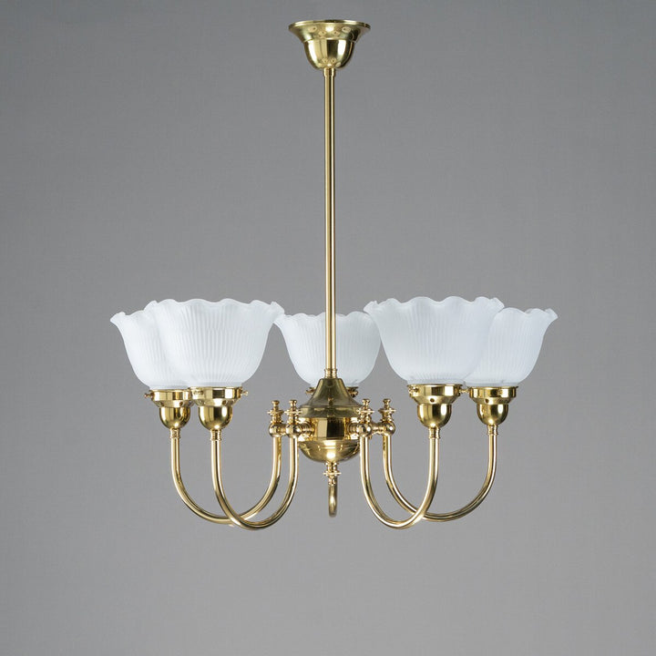 Luke 5 Light Pendant Arms Up With 8044 6" Hallophane Frost/Clear Shades