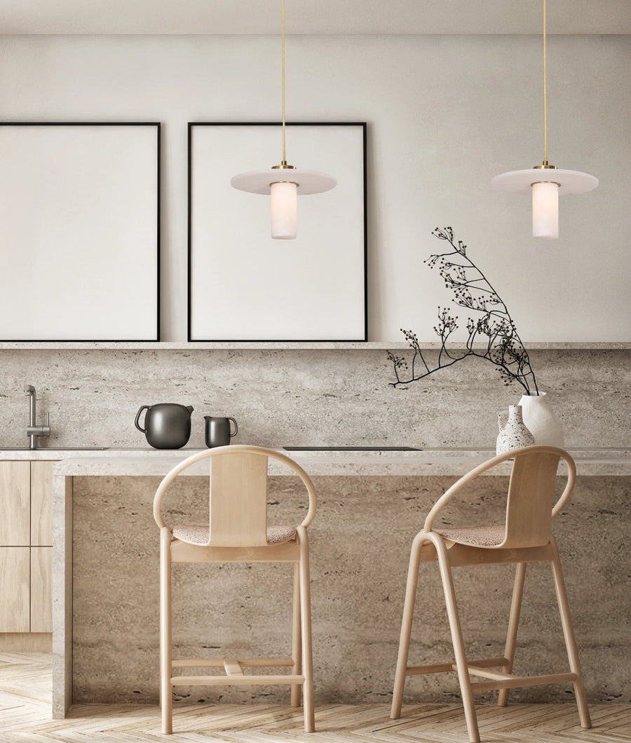 LUCERNA: Interior Cylinder Round Hat Alabaster Shade Brass Highlight Pendant Light pendant