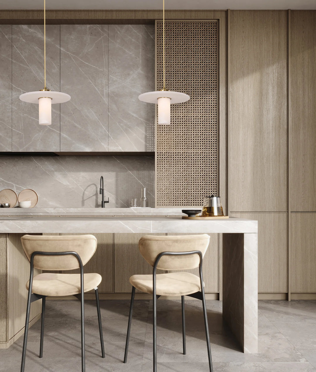 LUCERNA: Interior Cylinder Round Hat Alabaster Shade Brass Highlight Pendant Light pendant