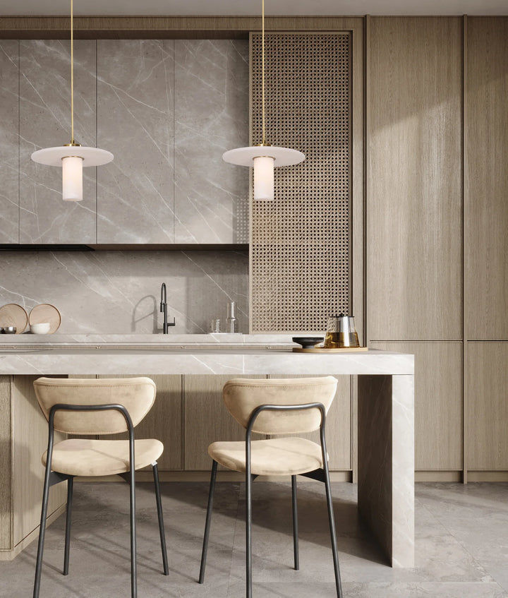 LUCERNA: Interior Cylinder Round Hat Alabaster Shade Brass Highlight Pendant Light pendant