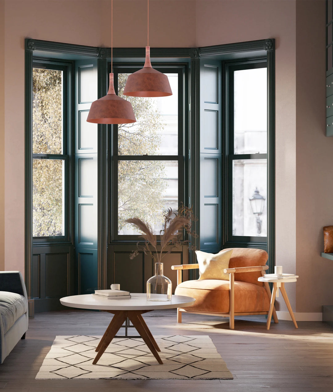 OXIDO: Interior Rustic Brown with Travertine Highlight Angled Dome Pendant Lights Pendant