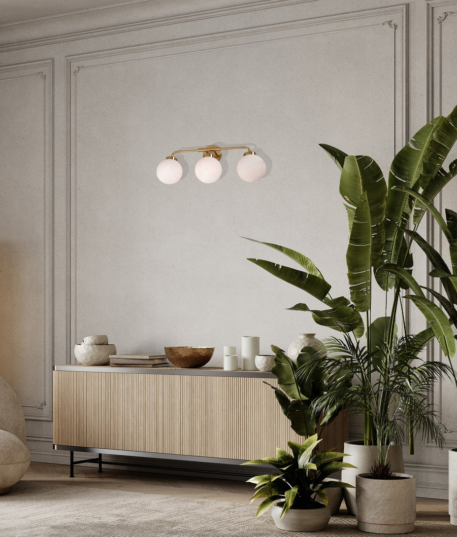 PALLA: Interior Triple Sphere Alabaster with Brass Highlight Round Base Wall Light Wall light