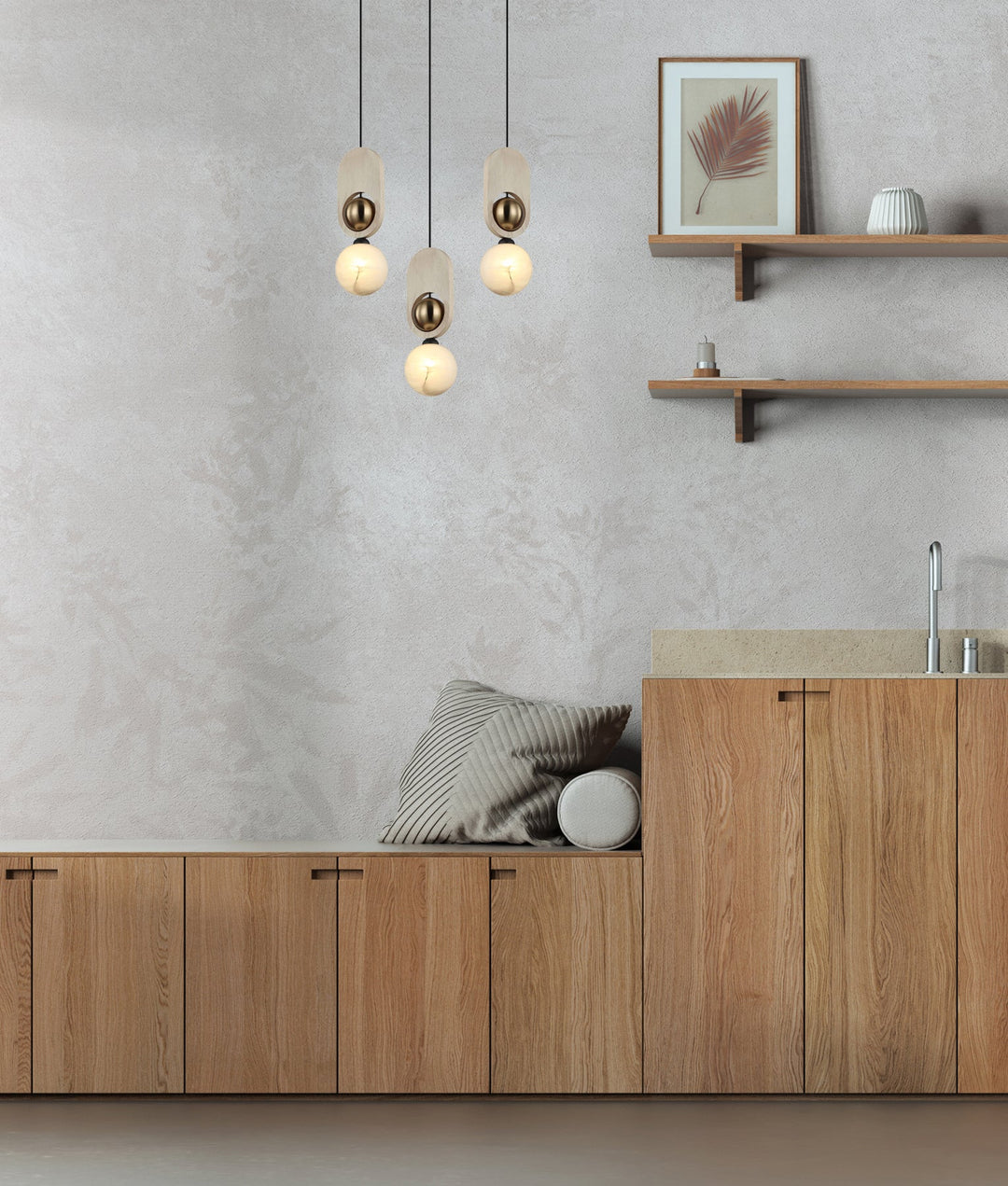 PALTA: Interior Sandblasted Opal Diffuser with Brass & Wood Highlight Pendant Lights Pendant