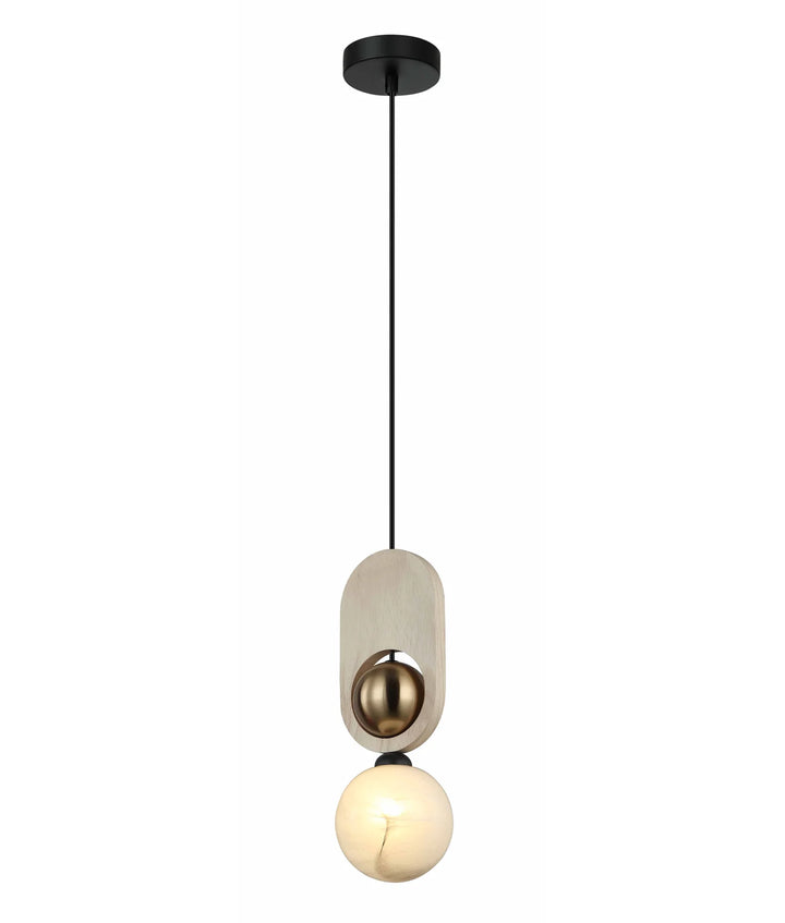 PALTA: Interior Sandblasted Opal Diffuser with Brass & Wood Highlight Pendant Lights Natural Wood Pendant