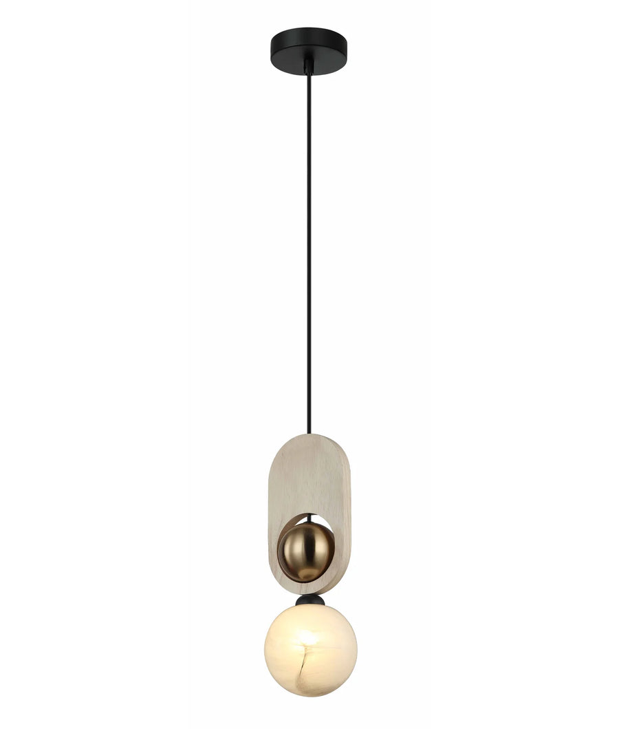 PALTA: Interior Sandblasted Opal Diffuser with Brass & Wood Highlight Pendant Lights Natural Wood Pendant