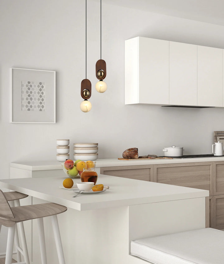 PALTA: Interior Sandblasted Opal Diffuser with Brass & Wood Highlight Pendant Lights Pendant