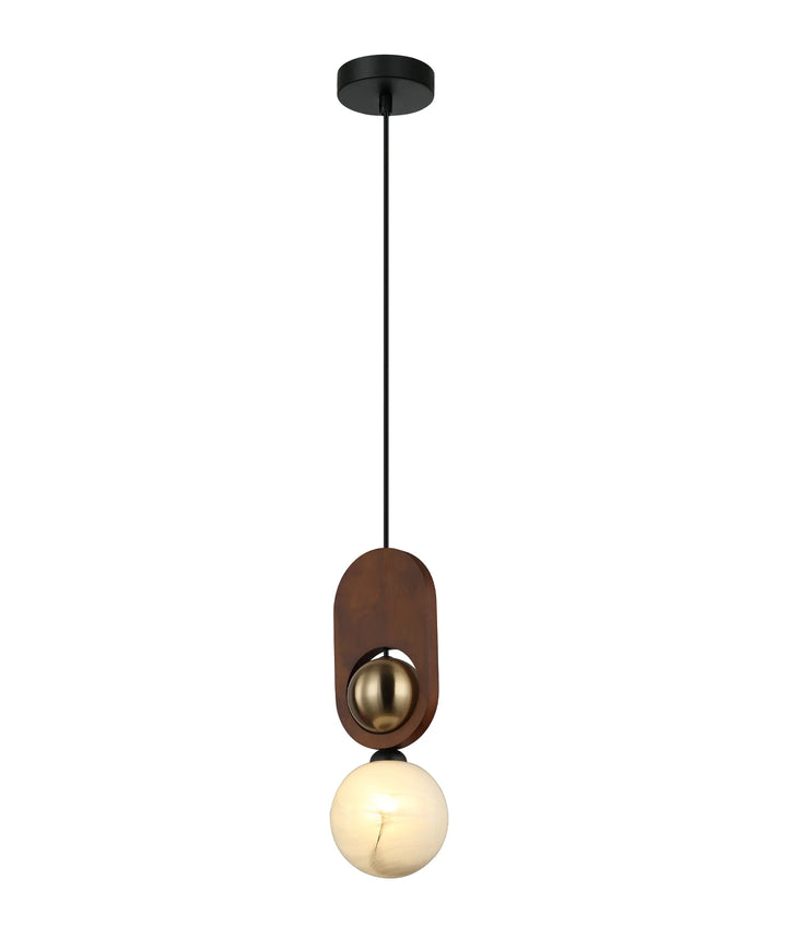 PALTA: Interior Sandblasted Opal Diffuser with Brass & Wood Highlight Pendant Lights Red Wood Pendant