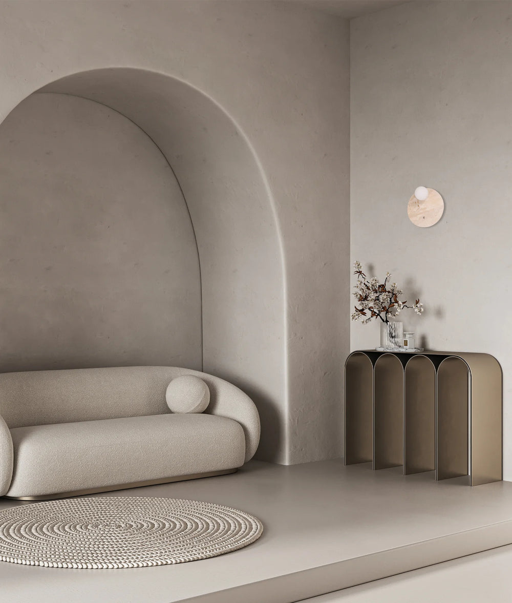 POI: Interior Round Travertine Base with Beige Finish & Round Opal Diffuser Wall Light WALL LIGHT