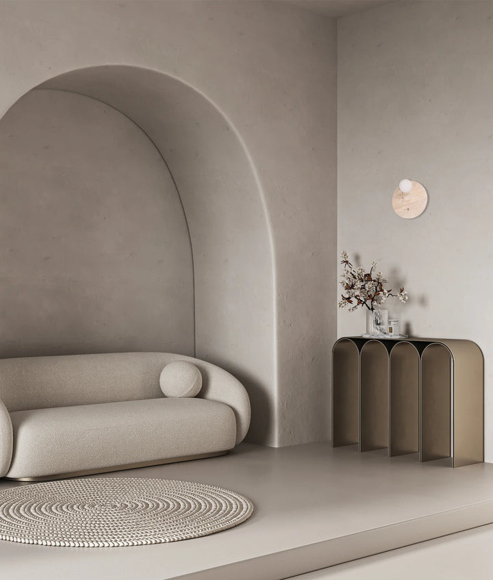 POI: Interior Round Travertine Base with Beige Finish & Round Opal Diffuser Wall Light WALL LIGHT