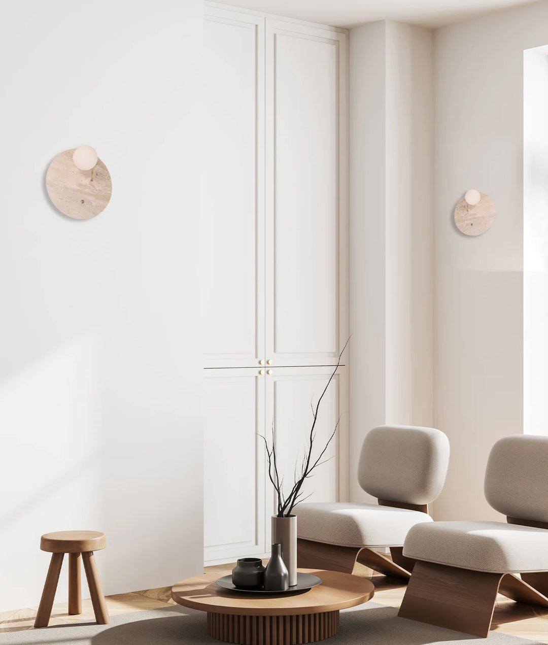 POI: Interior Round Travertine Base with Beige Finish & Round Opal Diffuser Wall Light WALL LIGHT
