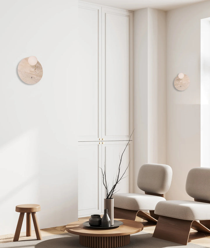 POI: Interior Round Travertine Base with Beige Finish & Round Opal Diffuser Wall Light WALL LIGHT