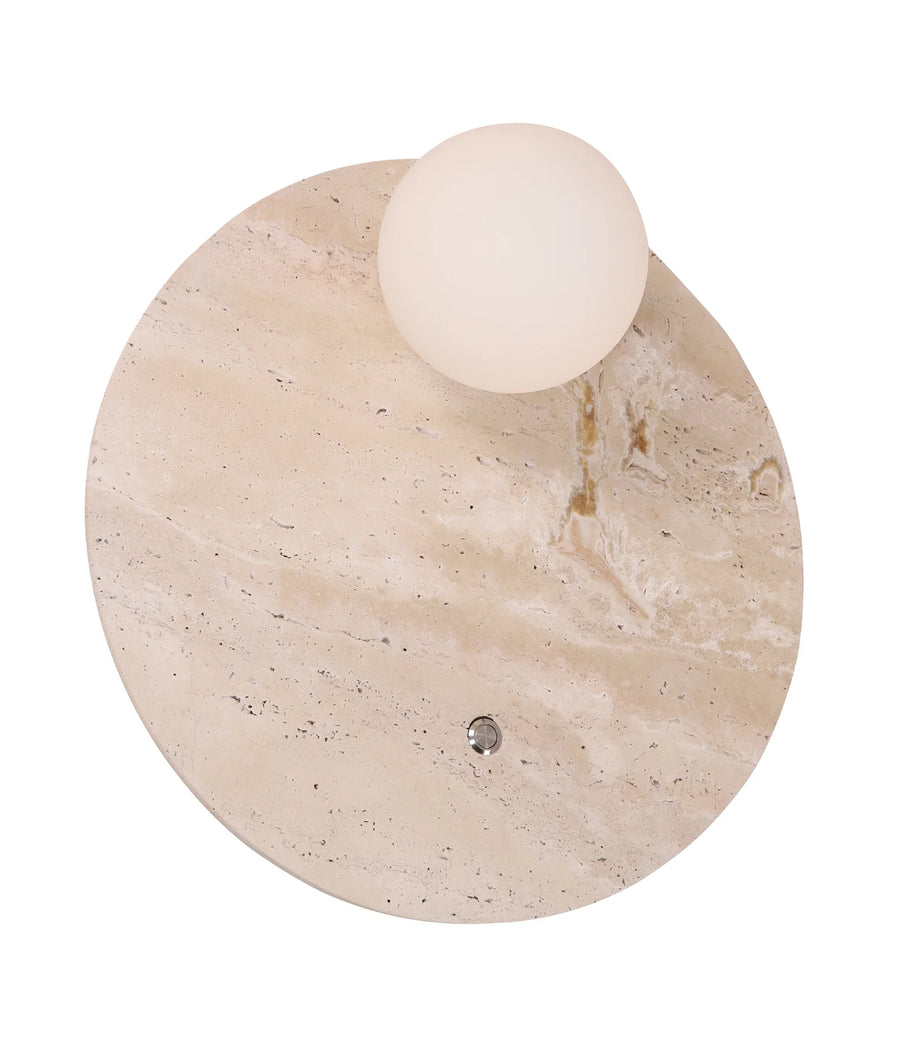 POI: Interior Round Travertine Base with Beige Finish & Round Opal Diffuser Wall Light WALL LIGHT