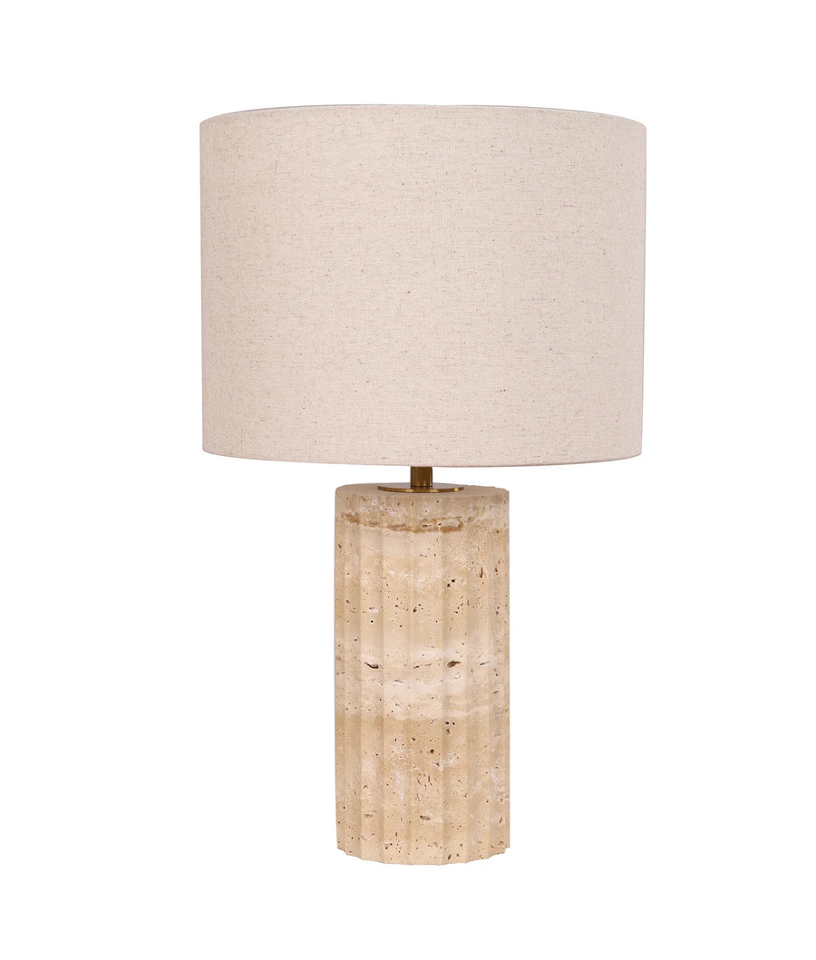 SAGITTA: Beige Travertine Base Oblong Fabric Cream Shade Table Lamps Small TABLE LAMP