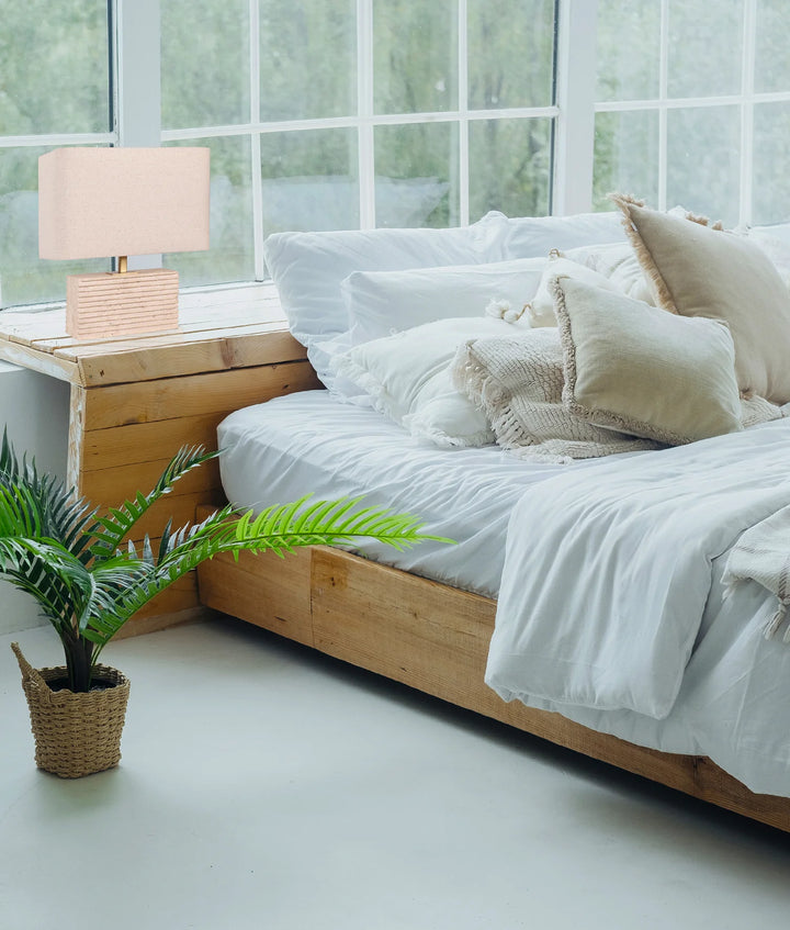 SAGITTA: Rectangular Beige Travertine Base Rectangular Fabric Cream Shade Table Lamp TABLE LAMP