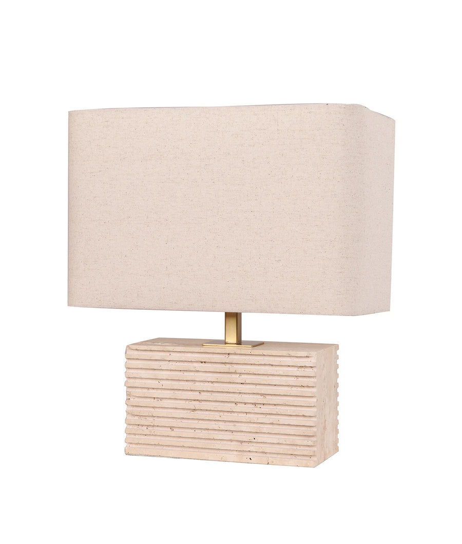 SAGITTA: Rectangular Beige Travertine Base Rectangular Fabric Cream Shade Table Lamp TABLE LAMP