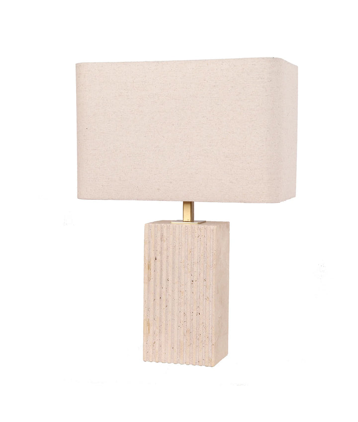 SAGITTA: Beige Travertine Base Rectangular Fabric Cream Shade Table Lamps Small TABLE LAMP