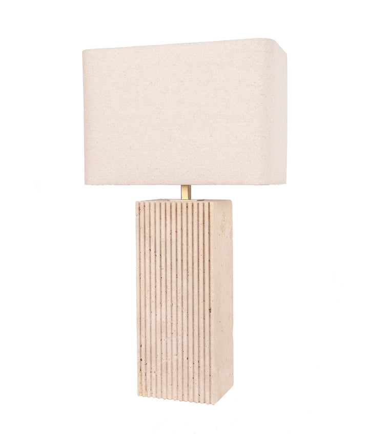 SAGITTA: Beige Travertine Base Rectangular Fabric Cream Shade Table Lamps Large TABLE LAMP