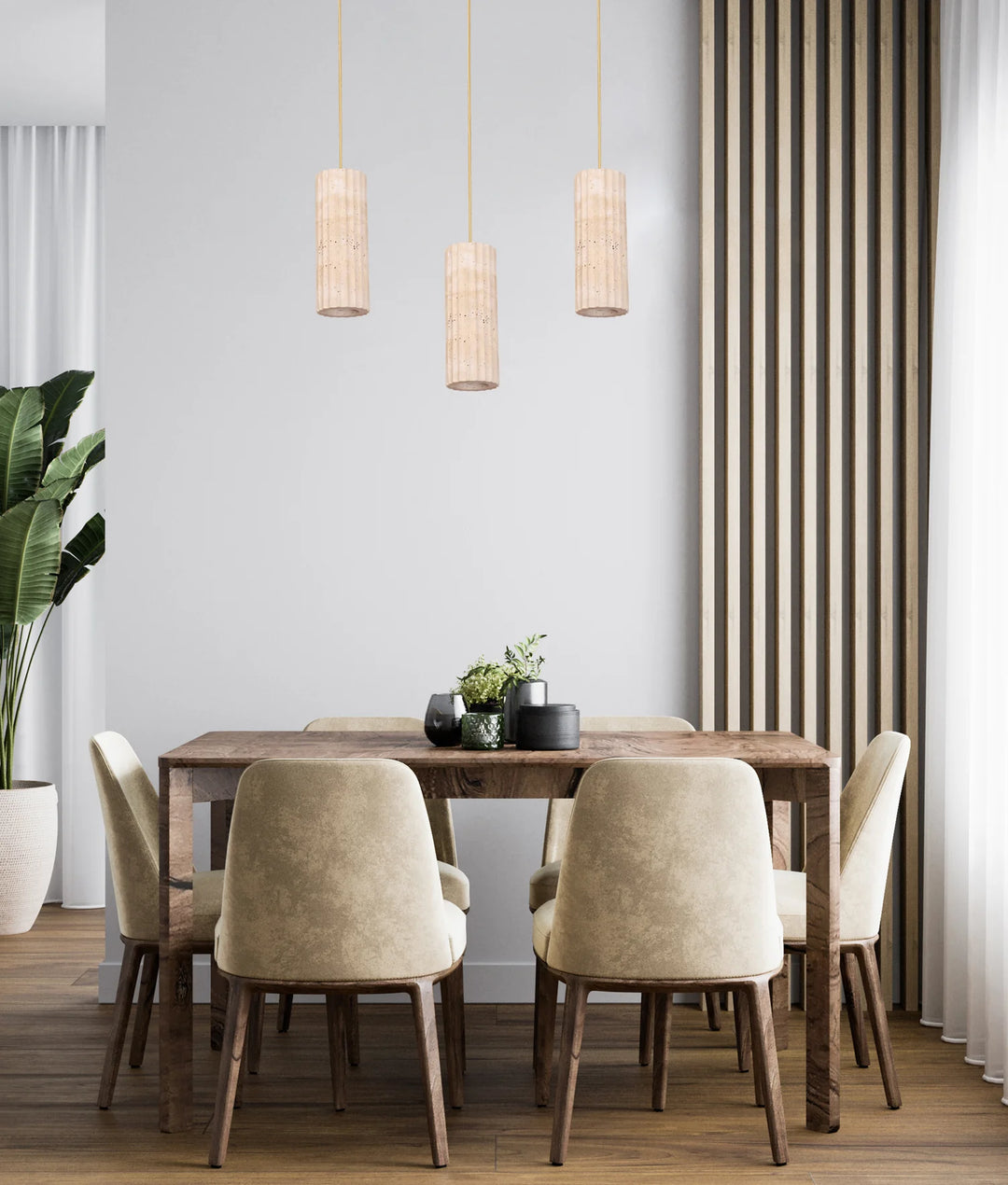 SAGITTA: Interior Oblong Beige Travertine with Brass Highlight Pendant Light Pendant