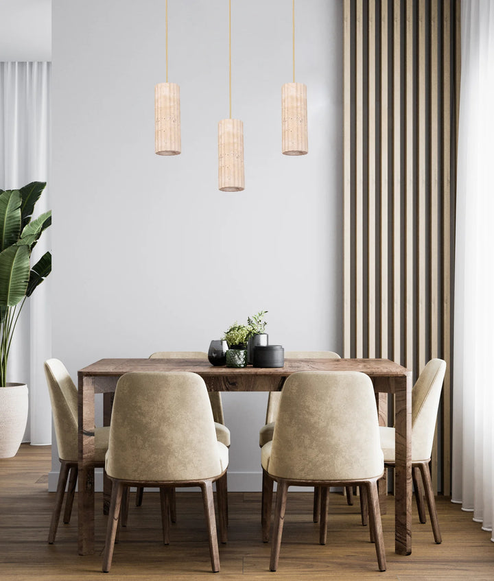SAGITTA: Interior Oblong Beige Travertine with Brass Highlight Pendant Light Pendant