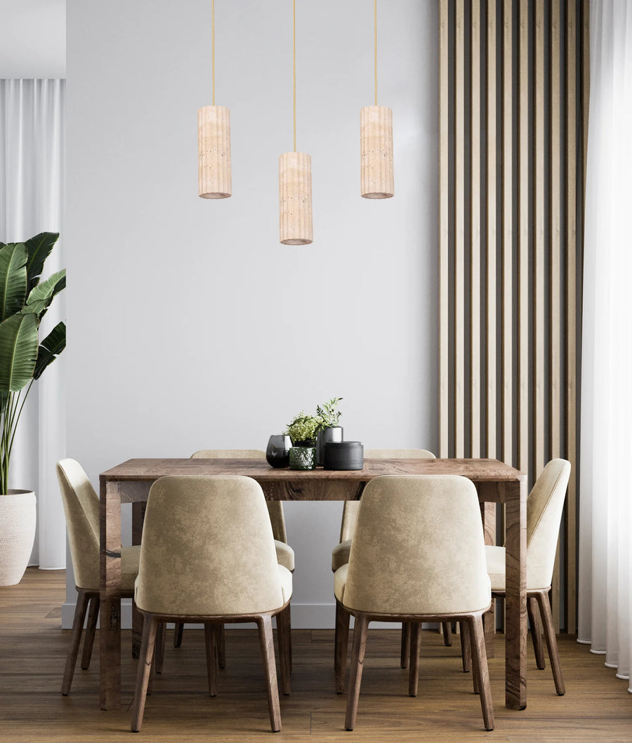 SAGITTA: Interior Oblong Beige Travertine with Brass Highlight Pendant Light Pendant