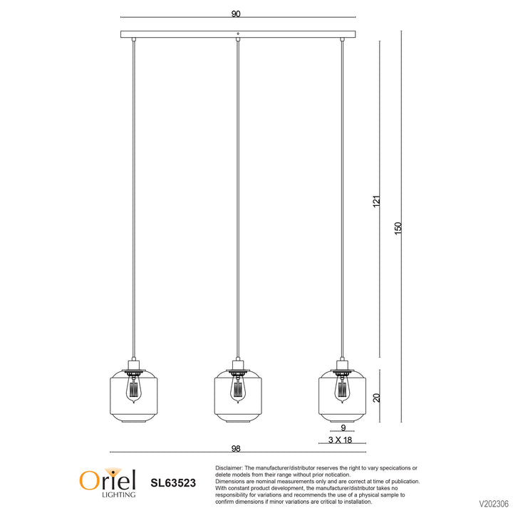 MARCONI TRILIGHT 3 Light Clear Glass Pendant