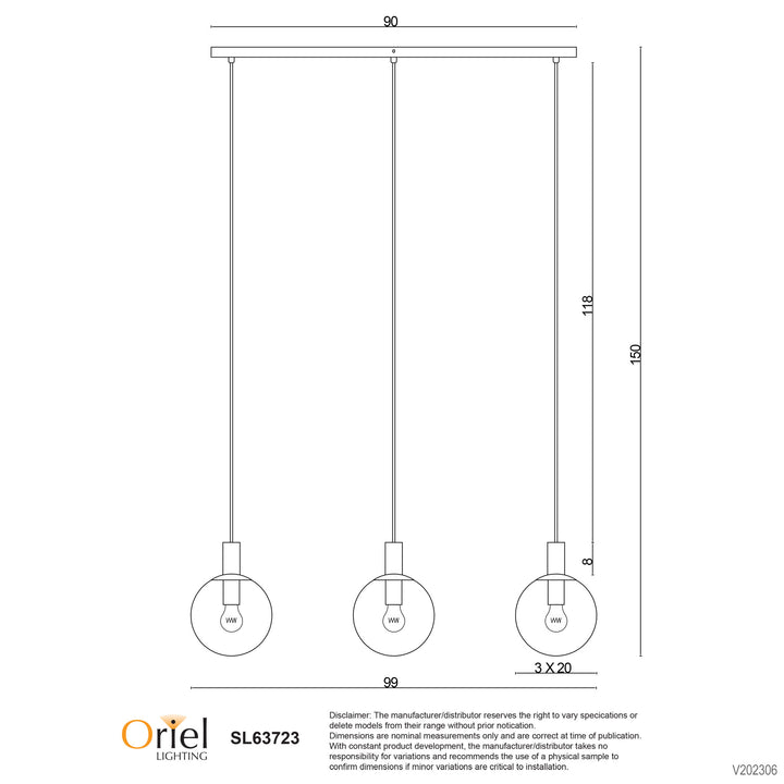 LEGARNO TRILIGHT 3 Light Clear Glass Pendant