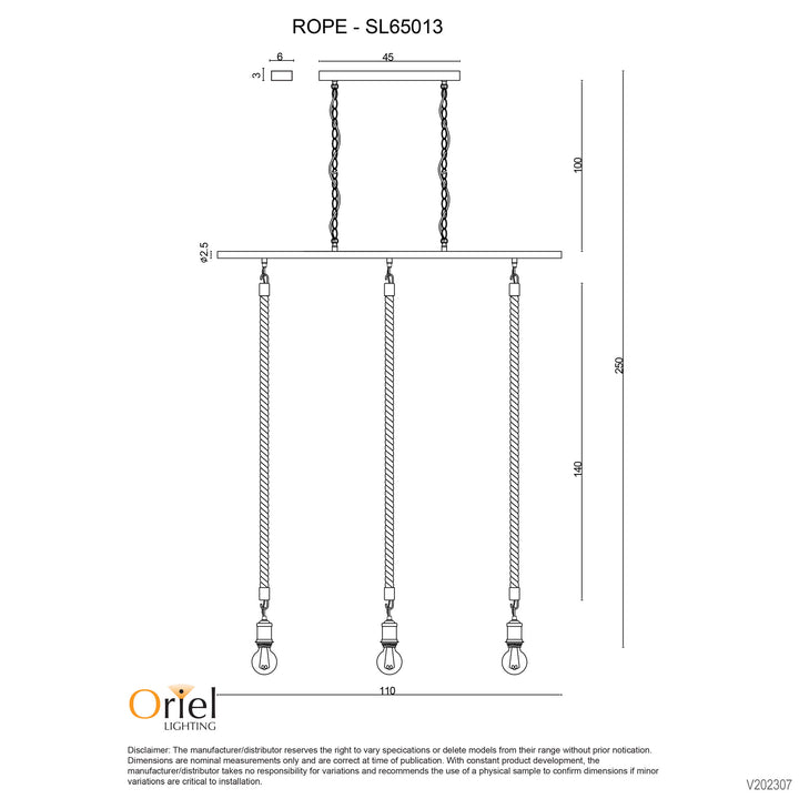 ROPE.3 LIGHT Triple Rope Pendant Matt Black and Coir