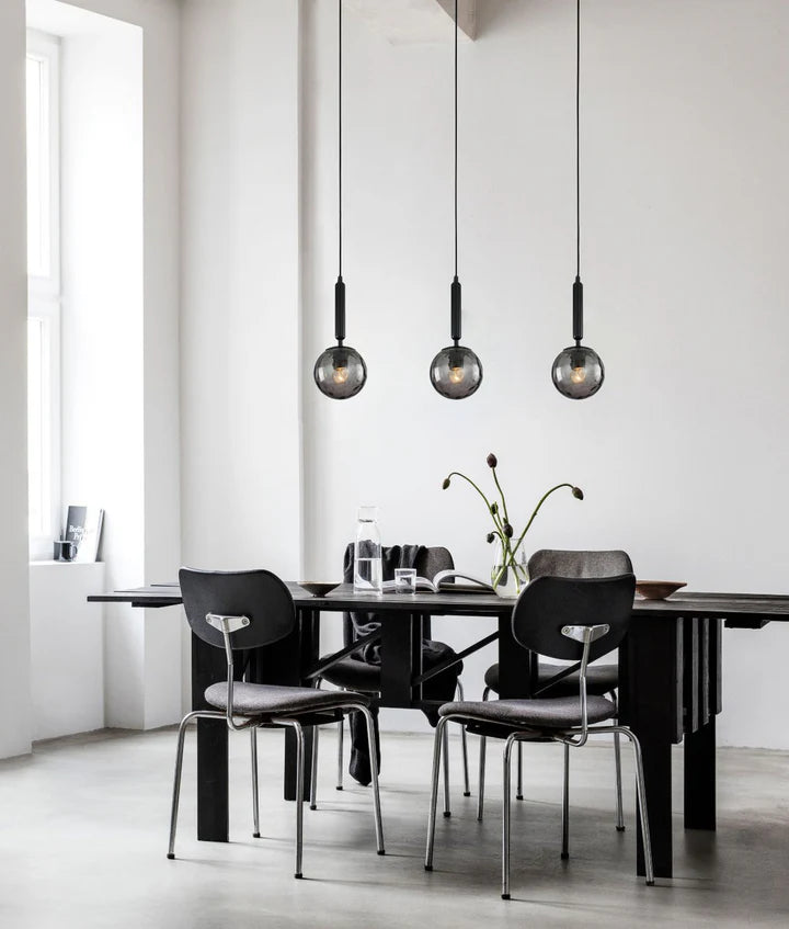 TRATTINO: Interior Bronze Amber /Smokey Black Spherical Glass Multiple Bar Base Pendant Lights