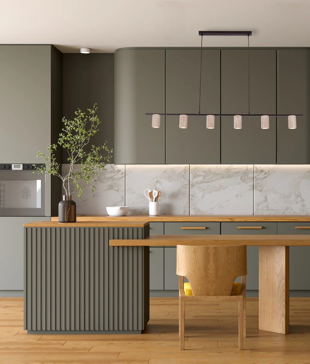 TUBERIA: Interior Linear Bar with Beige Travertine Tubular Shade Pendant Light Pendant