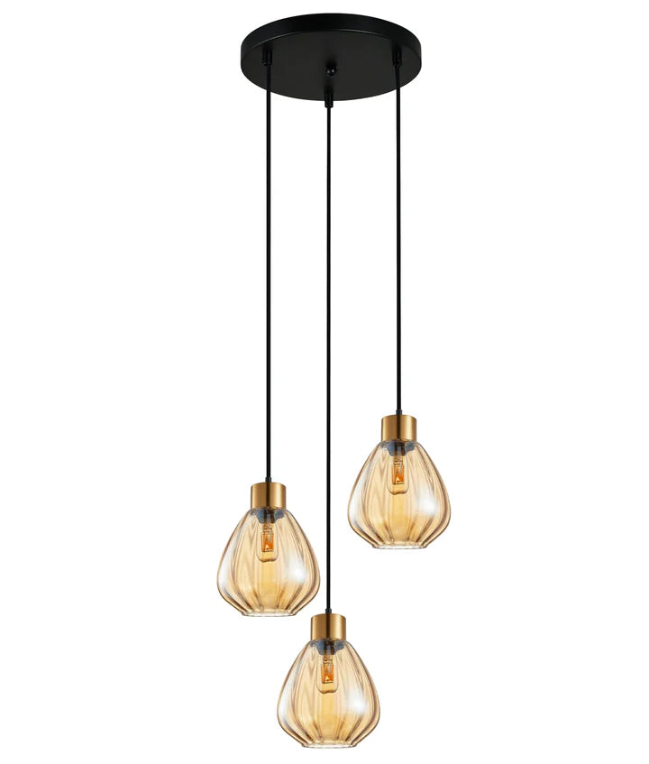 TULIP: Interior Bronze Amber / Smokey Black Wine Glass Ribbed Multiple Round Base Pendant Lights