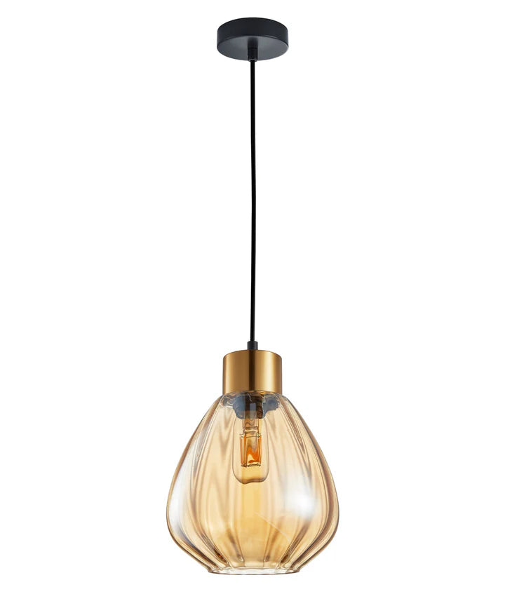 TULIP: Interior Bronze Amber / Smokey Black Wine Glass Ribbed Pendant Lights