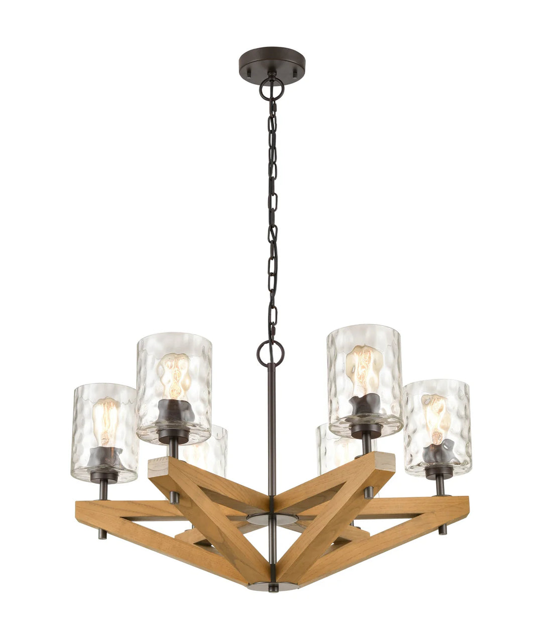 VOTIF: Retro Interior Candelabra Oak Wood with Clear Blown Dimpled Glass Pendant Light